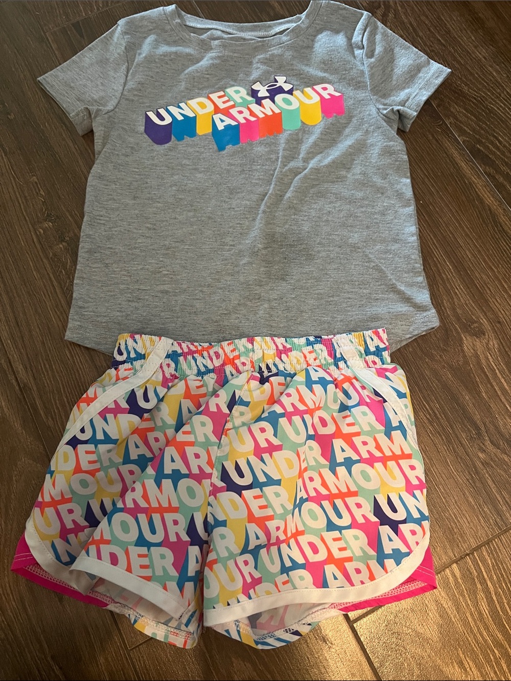Under Armour Gray Tee with Multicolor Logo & Rainbow Text Shorts